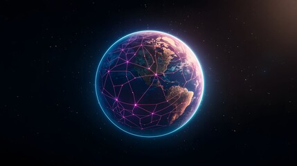 Wall Mural - An Earth from space view is shown with a neon network, the planet is encircled by a bright cyan glow set against the inky black of space speckled with stars.