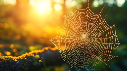Glowing spider web illuminated by golden sunrise in forest with bokeh background.