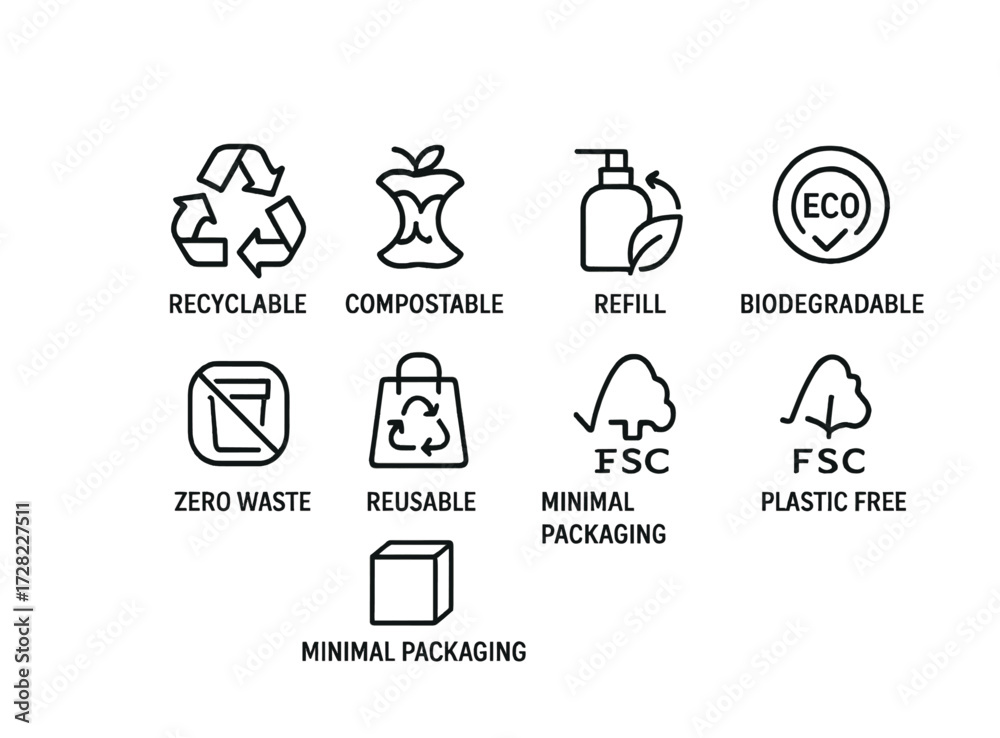 Eco-friendly icons: sustainability symbols for recycling, composting ...