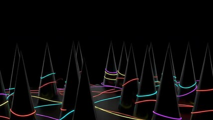 Abstract 3D Illustration Neon Spirals On Black Cones