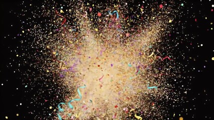 Abstract 3D Explosion with Colorful Confetti and Ribbons on Black Background