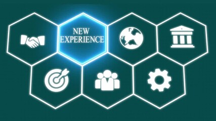 A businessman selecting a New Experience concept button on a futuristic computer screen..
