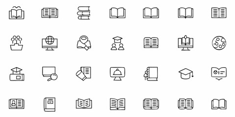  Vector set of e-learning outline icons featuring book, open laptop, graduation cap, and other digital study symbols in minimal line style.