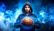 © Sulam - A young woman in a hoodie holds a basketball, surrounded by blue smoke