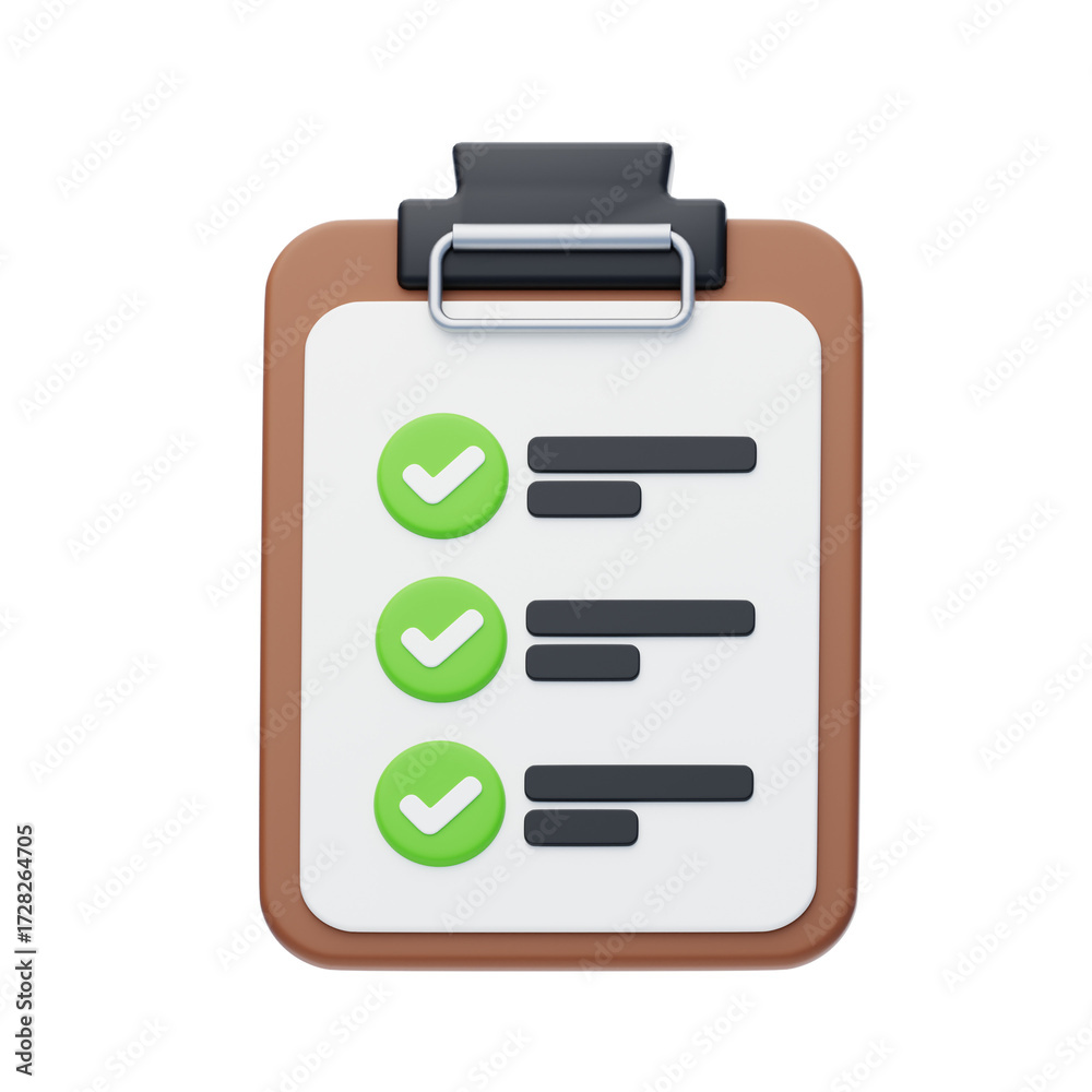 Clipboard with Green Check Marks and Dark Lines on White Paper with ...