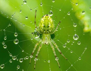 Green spider on dew covered web macro nature photography.
