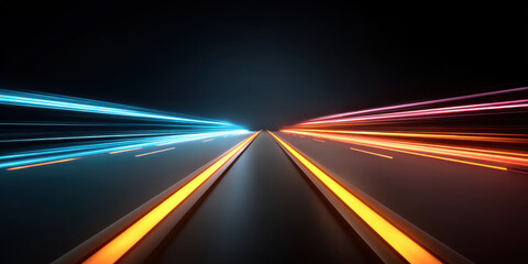 Wall Mural - Futuristic road with glowing neon lines in blue and orange colors creating dynamic and energetic atmosphere with sense of speed and motion in dark environment