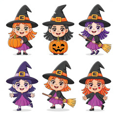 A fun cartoon witch woman illustration in a costume with a hat, broom, and pumpkin for a Halloween party night