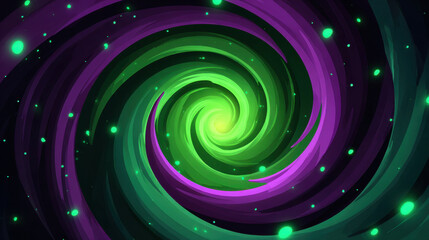 Wall Mural - Swirling sci fi portal with vibrant green and purple spiral lights glowing in dark space, creating mysterious and dynamic cosmic effect