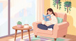 © Cutegirl - Cozy woman in a comfortable armchair reading a book with plants and sunlight streaming through the window