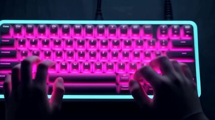 Close up of hands typing on a glowing neon keyboard.
