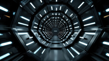 Wall Mural - futuristic hexagonal tunnel with glowing white lights and metallic walls creating high tech sci fi a