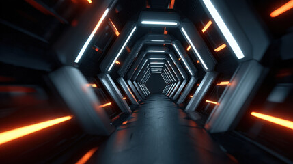 Wall Mural - futuristic hexagonal tunnel with glowing white and orange lights creating high tech corridor atmosph