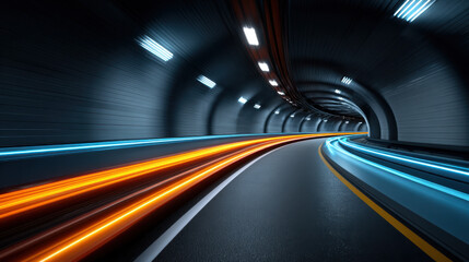 Wall Mural - high speed data transfer concept with glowing orange and blue light trails inside curved tunnel crea