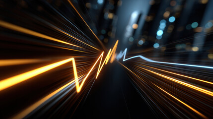 Wall Mural - Massive glowing financial graph line bursting out with dynamic light streaks in dark background, creating futuristic and energetic visual effect