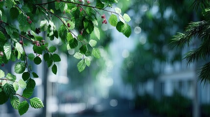 Fresh Green Leaves in a Macro Close-Up with Bokeh Background on a Rainy Day