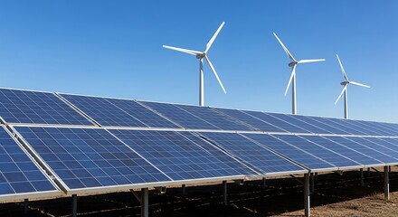Solar panels and wind turbines under a clear blue sky, representing renewable energy sources and sustainable power generation