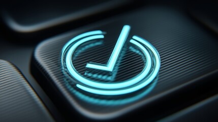 Keyboard key with glowing neon blue checkmark symbol, digital confirmation and approval icon for software interface, validation, completion, success and modern technology user experience design