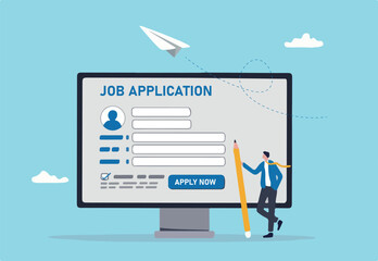 Online job application, career or employment submission form, candidate recruitment, job search or resume and CV document upload concept, businessman hold pencil fill in computer job application form.
