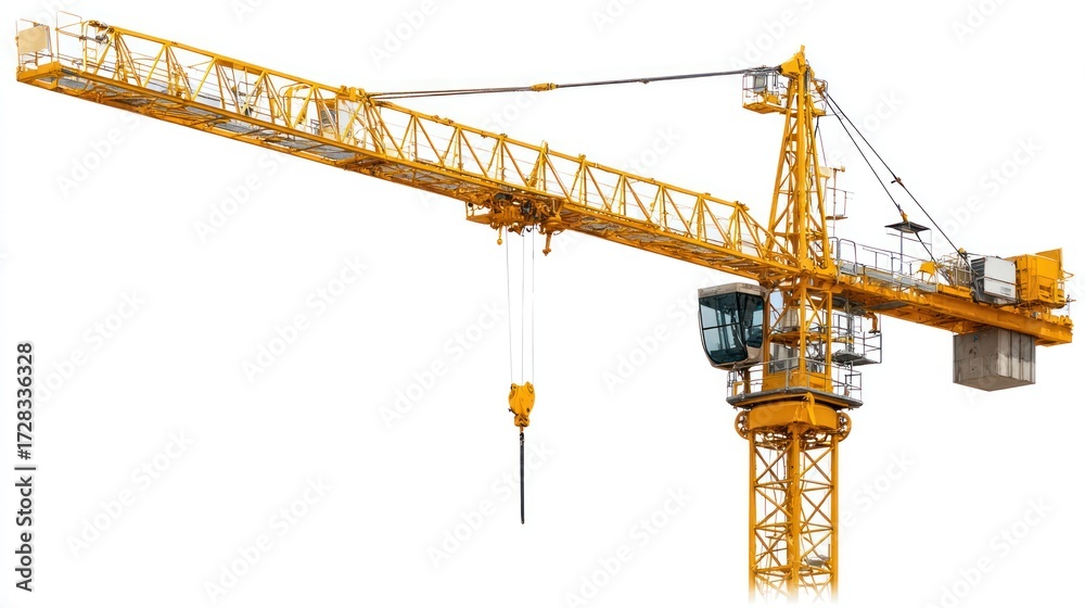 Tall yellow tower crane with long horizontal jib and counterweight ...
