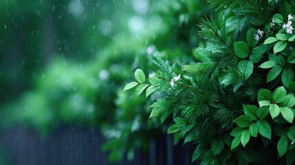 Lush Green Leaves With Rain Drops Texture Against Bokeh Background