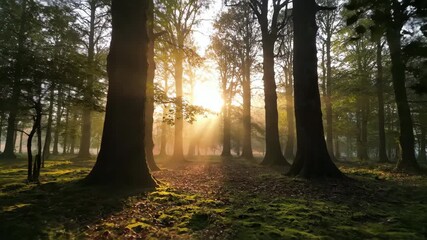 Wall Mural - Mystical ambiance of a changing misty forest as daybreak gradually illuminates the woods mystery, growth, branches