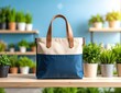 © bestimagestock - A stylish blue and white patterned bag rests elegantly on a rustic wooden table, showcasing its vibrant colors against the warm, textured surface.