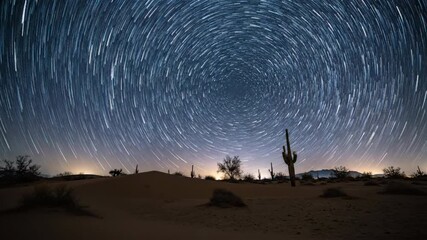 Wall Mural - Mesmerizing star trails timelapse above a vast desert landscape under a clear night sky celestial, outdoors, orbit
