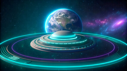 futuristic glowing platform with earth in the background and galaxy nebula
