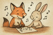 © WATA3 - 楽譜を書くキツネとうさぎのかわいいイラスト