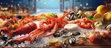 a huge seafood platter with various delicious items, such as lobster, crab legs, shrimp, oysters, mussels, and other fresh seafood, presented on a rustic wooden table with lemon wedges, herbs, and a g