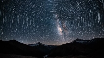 Wall Mural - Majestic night sky over a rugged mountain landscape with captivating circular star trails, showcasing Earth's rotation in an astronomical timelapse majestic night sky, galaxy, natural beauty