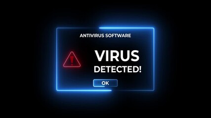 Close-up of antivirus software alert showing virus detection on a computer screen. Important for cyber security awareness and digital safety. Motion graphics of virus concept.