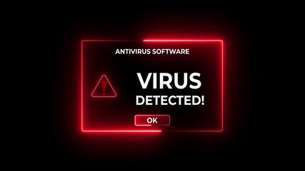 Close-up of antivirus software alert showing virus detection on a computer screen. Important for cyber security awareness and digital safety. Motion graphics of virus concept.