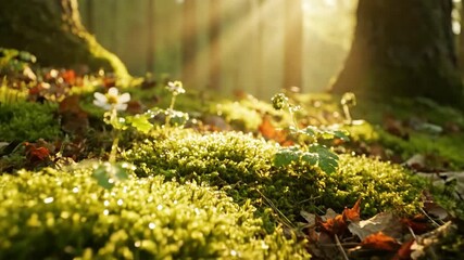 Poster - Macro dolly shot gliding over a mossy forest floor illuminated by shafts of sunlight through the canopy sunlight, environment, morning