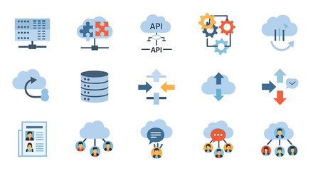 A diverse set of flat design icons for technology, cloud services, and data management.