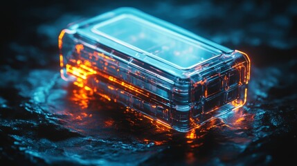 Wall Mural - A vibrant container illuminated by blue and orange lights. It stands out against a dark backdrop, showcasing a unique design. This image captures the essence of modern aesthetics. Generative AI