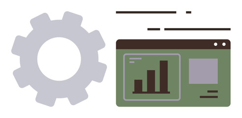 Gear beside bar chart on analytics interface screen, representing data processing, improvement, and efficiency. Ideal for technology, workflow, optimization, data analysis, strategy business