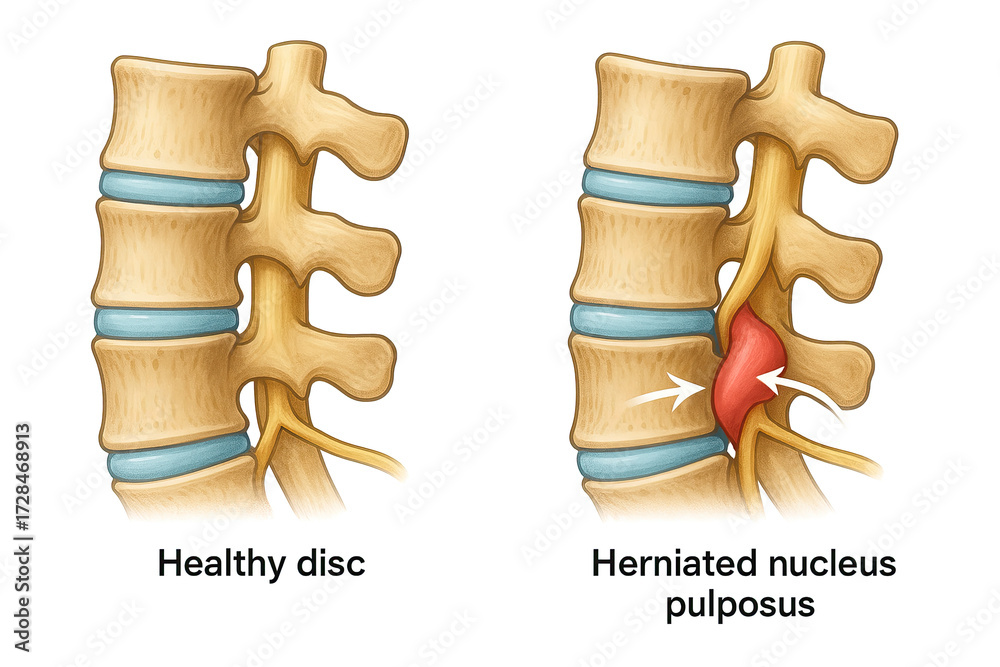 Hnp Classification Anatomical illustration comparing a healthy spinal disc with a ...