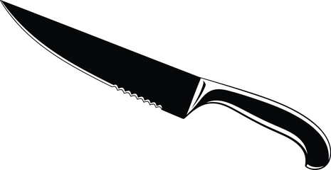 Serrated black knife, sharp blade, kitchen utensil
