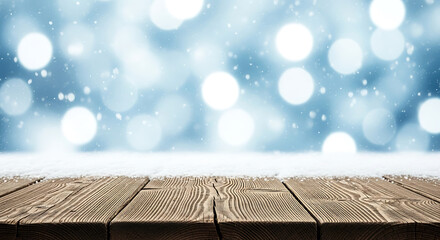 Abstract winter bokeh background with wooden table for festive displays