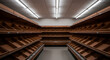 © designermetin - Completely empty wooden grocery store shelves under fluorescent lights symbolizing shortage crisis and consumer goods scarcity