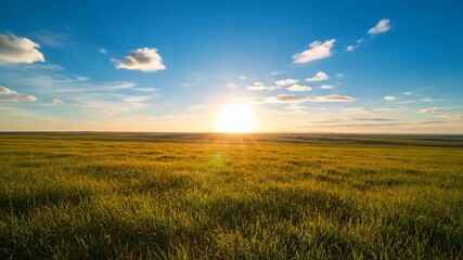 Wall Mural - Golden hour sunrise to vibrant sunset time-lapse over a sprawling grassland horizon environment, sky, scenic