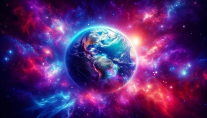 earth from space, glowing with purple and blue background. earth, space and colors.