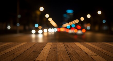 Wall Mural - Wooden table, blurred bokeh background .close-up. The general background of the interior, a dark background,Neon light, night view, close-up. The general background of the interior, a dark background