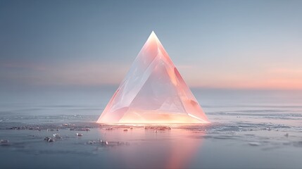 Futuristic Glowing Holographic Pyramid Macro Photorealistic Render on Reflective Horizon with Soft Pastel Sunset Sky and Subsurface Scattering Effect