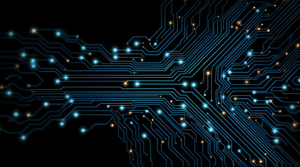 Wall Mural - Digital Circuit Board: An electrifying circuit board, a network of interconnected pathways and vibrant glowing dots in a dark setting, symbolizing modern technology, data, and innovation.