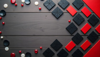 Wall Mural - Geometric arrangement with red, black, and white elements on a wooden surface.