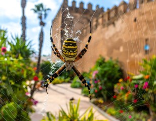 Close-up of a garden spider on a web