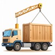 © Rizky - Cartoon illustration of a truck with a crane lifting a wooden container for transport.